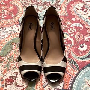 Black and white open toe striped heels